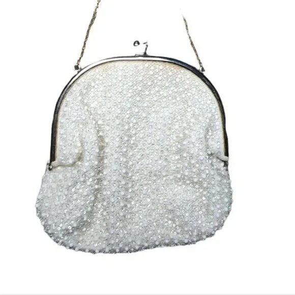Vintage Handbag White Beaded Clamshell Purse Chain Strap Sequin Small 50's - Picture 3 of 6